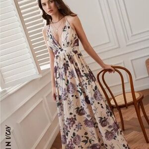 SHEIN XS Plunging neck Floral Maxi Dress in Apricot Cream and Purple